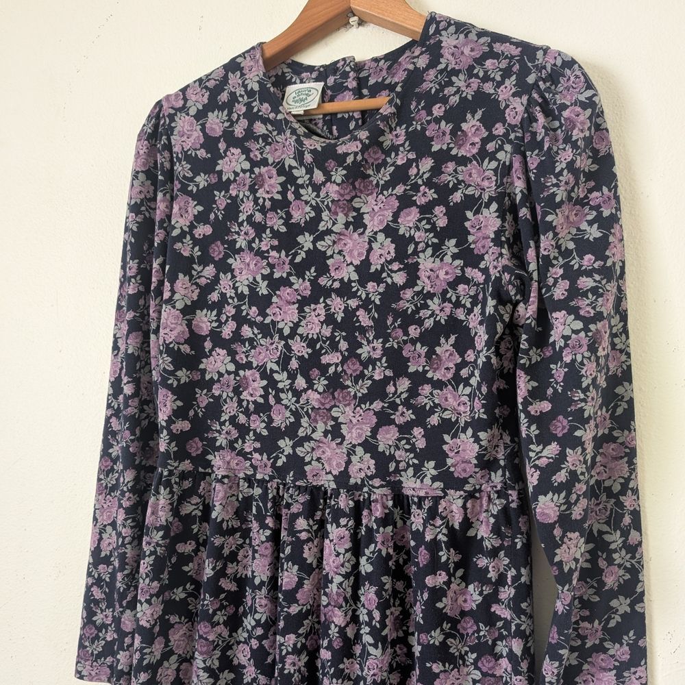 80s Laura Ashley Dark Floral Long Sleeve Dress, Sz 10 Navy Blue Lavender Flowers - Picture 3 of 12